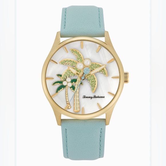 NWOT Tommy Bahama Palm Tree Watch With Light Blue Leather Band - Picture 1 of 7